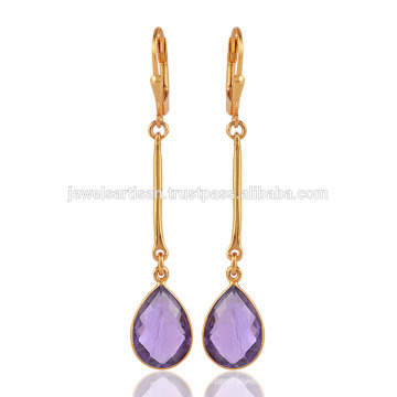 Gold Plated Gemstone Silver drop Earrings in Purple Amethyst